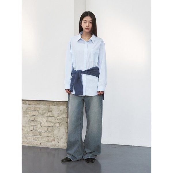 유주얼 스트라이프 오버 셔츠 [sky blue]