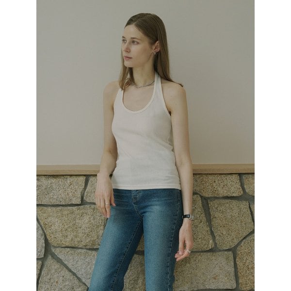 [Cotton 100%] Back Label Halter Sleeveless Top (cream)