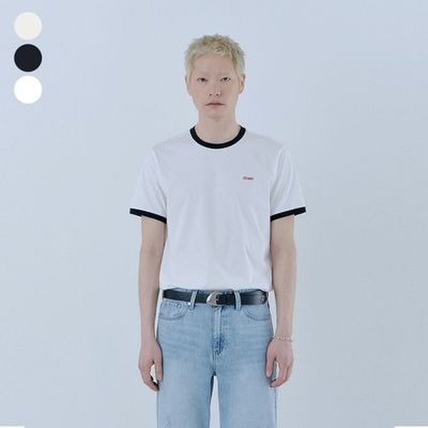 확대된 대표 진 남성 라운드넥 로고 반팔티 남여공용 미니로고 링거 반팔 티셔츠
