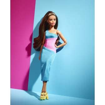 보드엠 바비인형 Barbie Look Doll, Brunette, 컬러 블록 원숄더 미디 드레스