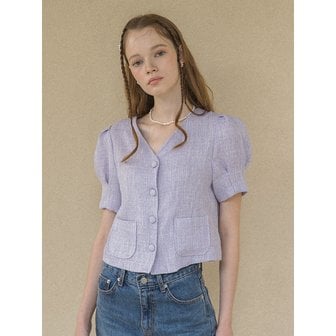 클렛 Tweed V Neck Half Blouse Purple