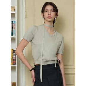 Pale v neck ribbon choker half knit - khakigrey