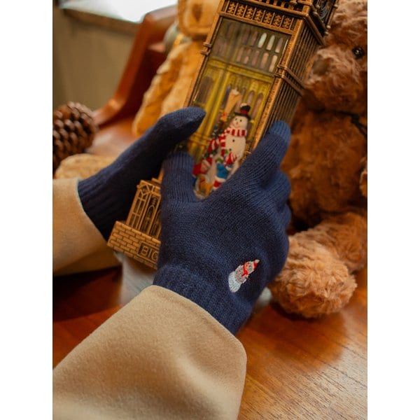 눈사람 자수 울 니트 장갑 네이비