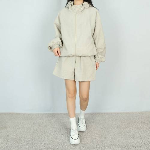 파라노말샵 / (투웨이) 바람막이 바스락 체크 하이넥 후드 집업 (파