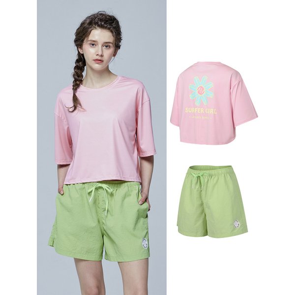 [SET] 시그니처 여성 크롭 반팔 래쉬가드 세트 핑크