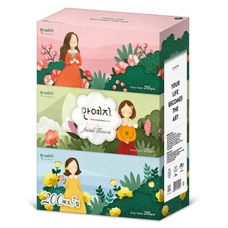 한예지 캐릭터 천연펄프 미용티슈 200매 3입 1팩