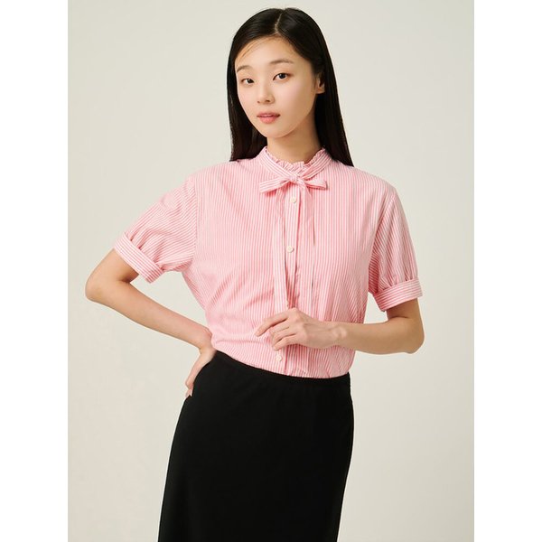 스트라이프 러플 타이 블라우스  라이트 핑크 (BF5765C51Y)