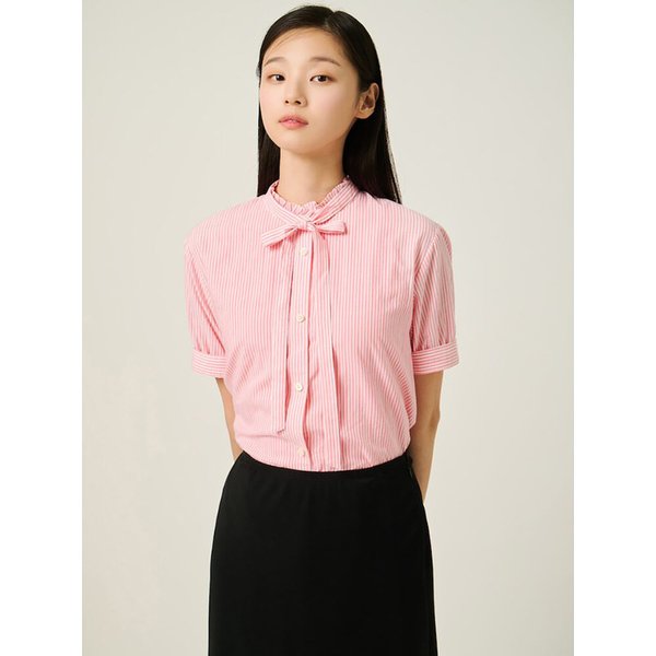 스트라이프 러플 타이 블라우스  라이트 핑크 (BF5765C51Y)