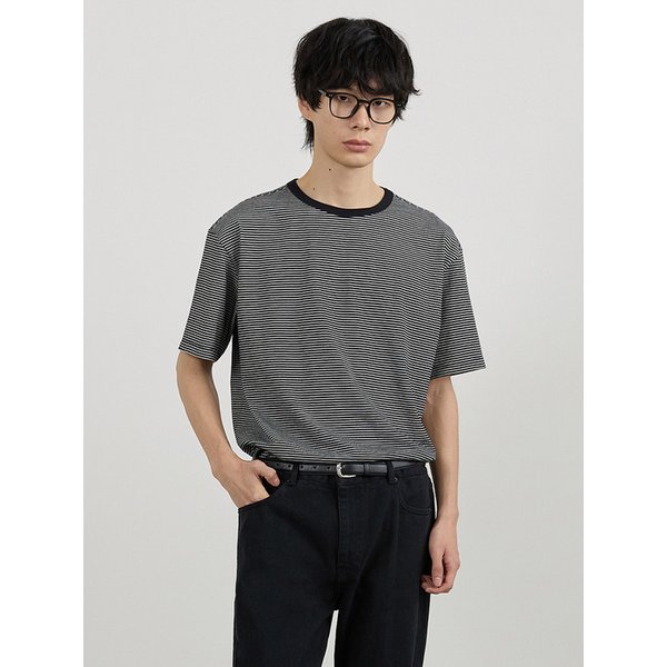 COMFORT SEMI-CROPPED STRIPE HALF-SLEEVE TOP BK