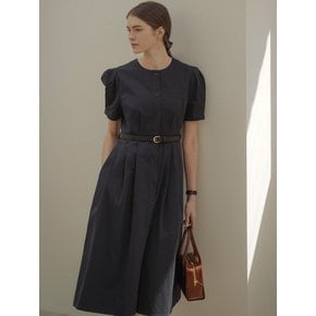 Belt set collarless midi shirt dress_Navy