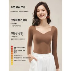 브라탑내복 Veimia 여성발열내의 슬림핏 브라탑티셔츠 긴팔 브이넥 브라내복