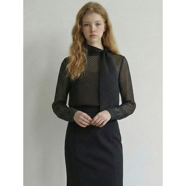 핀 도트 타이 블라우스_BLACK