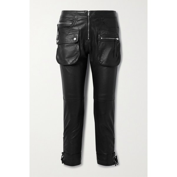 시안 크롭 타이 디테일 가죽 슬림 팬츠 블랙 1647597302556765