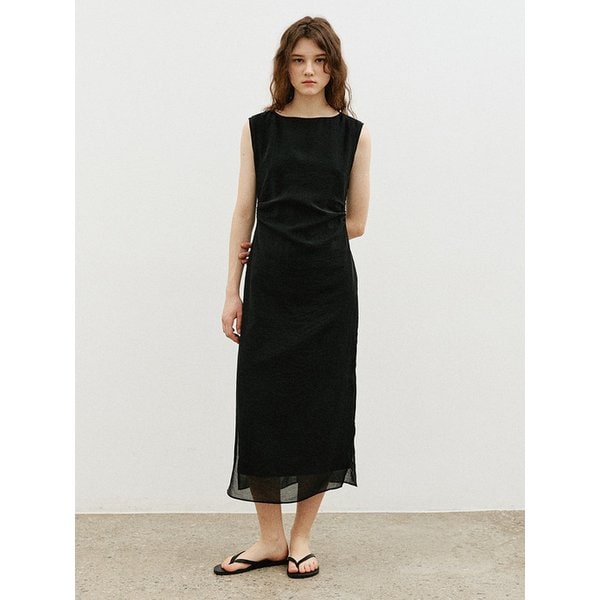 시스루 레이어드 셔링 원피스_BLACK