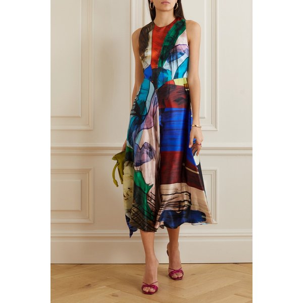 록산다 프린트 실크 새틴 맥시 드레스 블루 1647597303383682