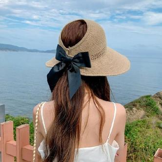 제이큐 휴양지 선캡 휴대용 여자 모자 바캉스 돌돌이 리본