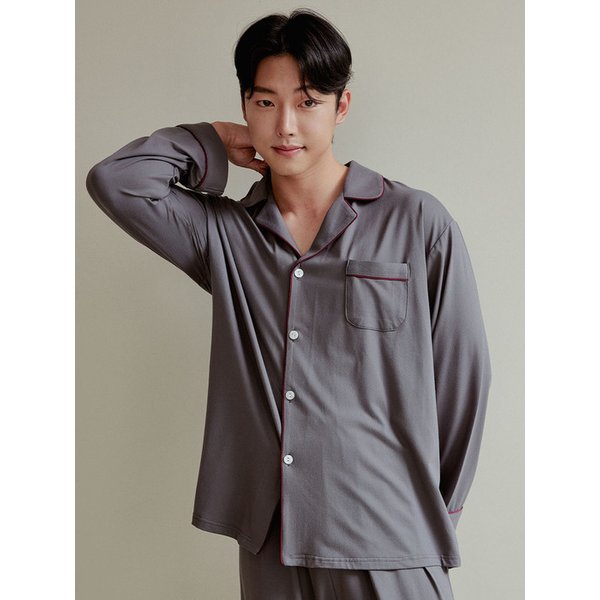 남성 보르도 스판 긴소매 카라 잠옷