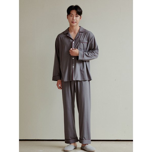 남성 보르도 스판 긴소매 카라 잠옷