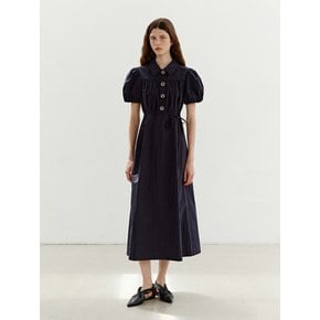 TWR COLLAR BUTTON SHIRRING DRESS (COTTON) NAVY