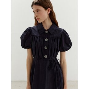 TWR COLLAR BUTTON SHIRRING DRESS (COTTON) NAVY