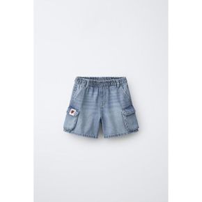 ZARA 자라 키즈 패치 디테일 데님 청 카고 버뮤다 쇼츠 반바지 라이트 블루 4551510406 4551510