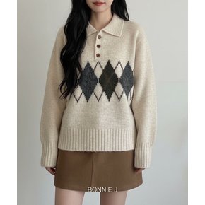클래식무드 아가일 패턴 폴로 카라 버튼 니트 3color 포근한 데일리 루즈핏 스웨터