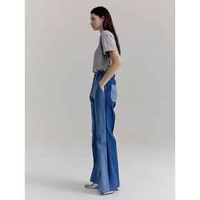 Pintuck Flared Contrast Jeans - Vintage Blue