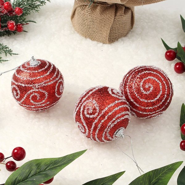 루비레드 글리터 장식볼 3p세트(8cm) (윈드줄무늬)