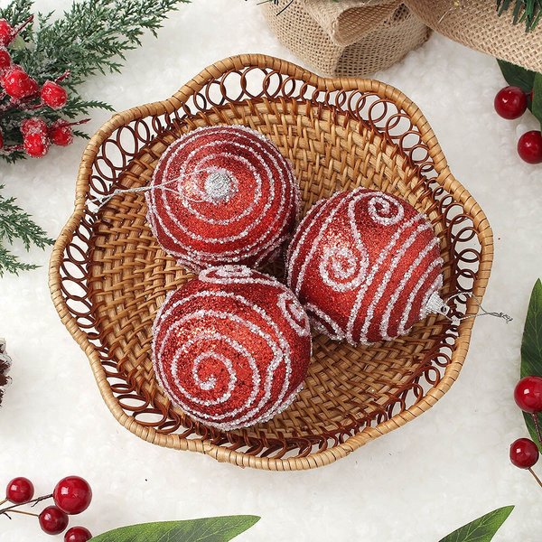 루비레드 글리터 장식볼 3p세트(8cm) (윈드줄무늬)