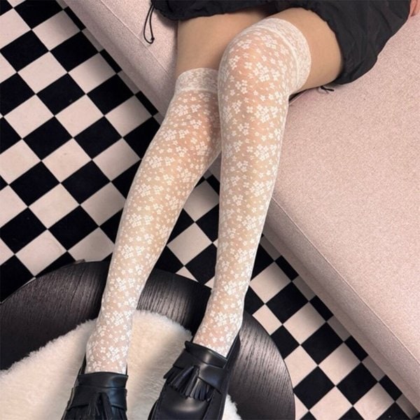 [옷자락] 여자 러블리 잔꽃무늬 시스루 레이스 니삭스 양말