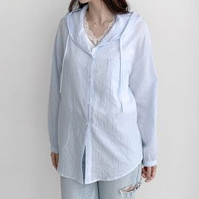 여성 후드 스트라이프 남방 블라우스 긴팔 소매밴딩 셔츠 비치웨어 캠핑룩_P423404982