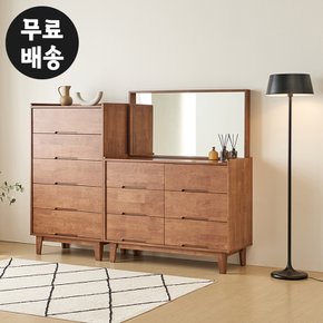 로덴 고무나무 원목 화장대 5단 서랍장세트 거울 안방 아이방 수납형 수납장(월넛)