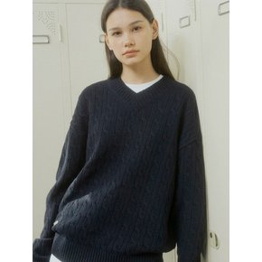 Cable V-neck Wool Sweater_Dark Navy