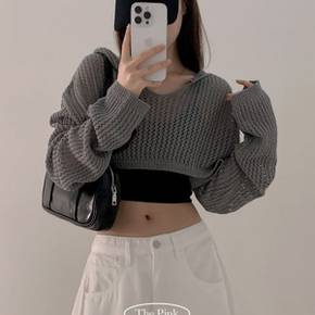 / 니쿠 메쉬 볼레로 크롭 후드 여름 긴팔 니트