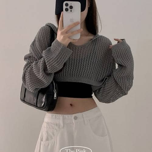 더핑크 / 니쿠 메쉬 볼레로 크롭 후드 여름 긴팔 니트