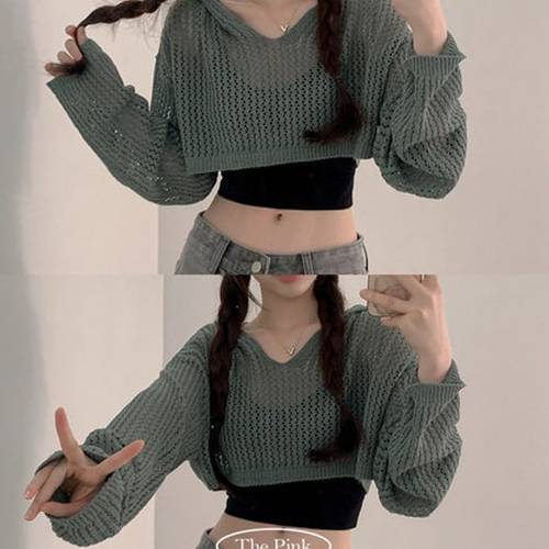 더핑크 / 니쿠 메쉬 볼레로 크롭 후드 여름 긴팔 니트