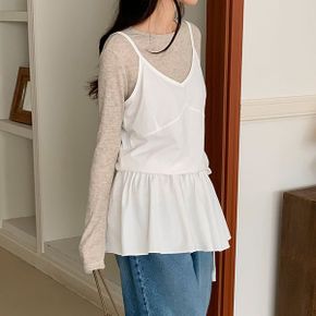 국내제작 면 100 뷔스티에 미니 원피스 브이넥 셔링 스트링 레이어드 나시 플레.._P416708988