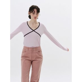 Ribbed V Neck Top - Dusty Rose