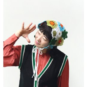 비비드 크로셰 플라워 니트 뜨개 케이프 두건n403