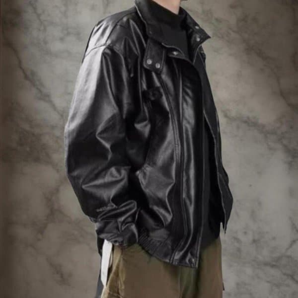 [옷자락] 남성 캐주얼 광택 하이넥 레더 라이딩 자켓