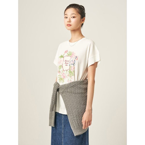 플라워 모티브 롱 기장 반소매 티셔츠  화이트 (BF5742C881)
