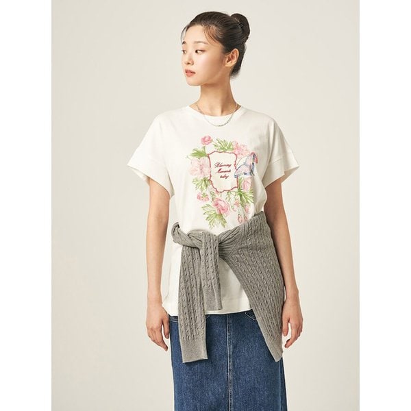 플라워 모티브 롱 기장 반소매 티셔츠  화이트 (BF5742C881)
