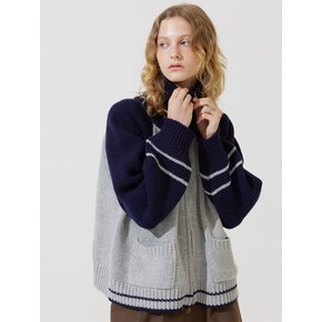 AD embroidery coloring knit zip up cardigan - navy