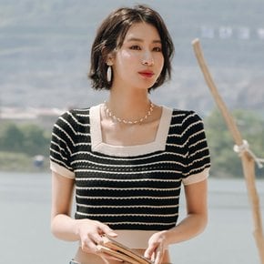 LS_French striped puff sleeve knit top