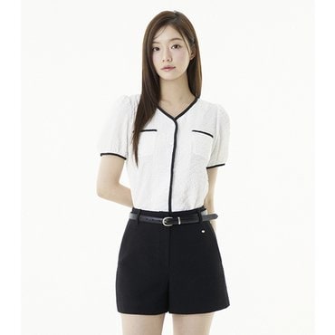 플라스틱아일랜드 배색포인트 브이넥 블라우스 (PR2WB402)