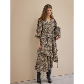 Paisley Print Corduroy V Neck Ruffle Asymmetric Long Dress