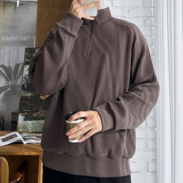 남자 루즈핏 골지 반집업 기모 긴팔 티셔츠 5C-TSK-Q106-밤색