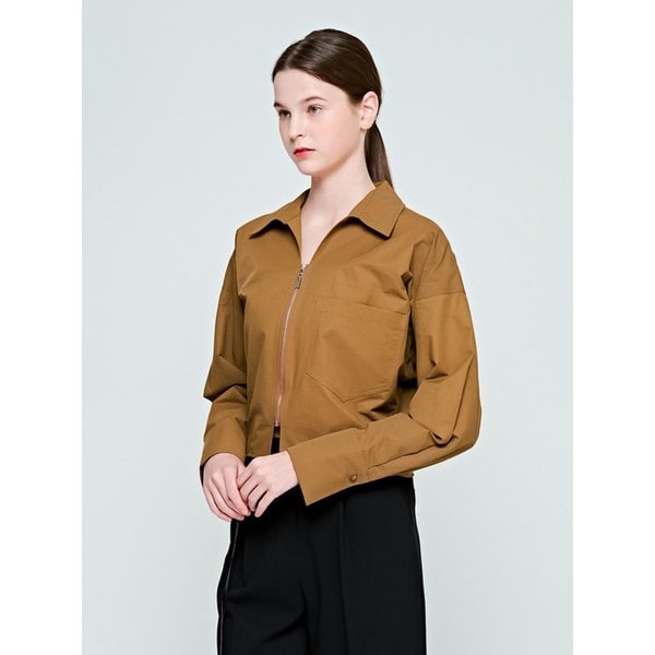 크롭 롱슬리브 오버핏 지퍼 카라 셔츠 자켓 (브라운)