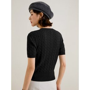 LS_Cable round short-sleeved knit top