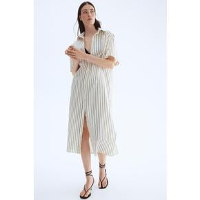 리넨 블렌드 셔츠 드레스 크림/스트라이프 1278042004